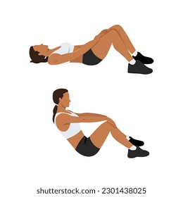 Woman doing modified crunches. Abdominals exercise. Flat vector illustration isolated on white background