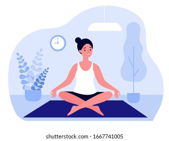 Woman doing morning yoga at home flat vector illustration. Female character sitting in calm posture. Wellness, healthcare and lifestyle concept