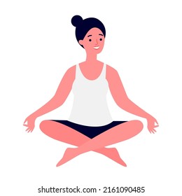 Woman doing morning yoga at home flat vector illustration. Female character sitting in calm posture. Wellness, healthcare and lifestyle concept