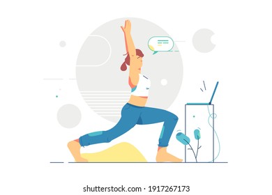 Mujer haciendo yoga matutino en la ilustración del vector de traje. Niña estirando el cuerpo con las manos arriba a la altura de la casa. Estilo de vida saludable, deporte y concepto de actividad. Aislado sobre fondo blanco