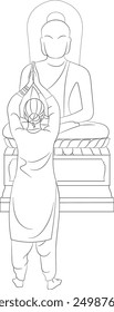 Woman doing namaste in front of buddha statue, hand drawn in thin line style