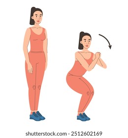 Mulher fazendo agachamentos estreitos exercício vetor isolado. Treinamento desportivo para pernas e bunda. Guia de exercícios. Conceito de estilo de vida ativo.