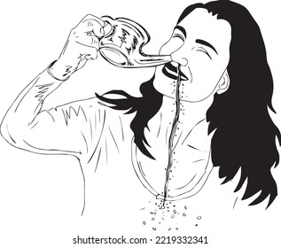 woman doing nasal cleaning with saline water pot, Ancient indian method for nasal hygiene, jal neti, sutra neti, Indian yoga for nose irrigation, vector illustration, sketch drawing