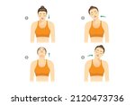 Woman doing Neck Rolls to stretch neck muscle before a workout. Illustration about warmup.