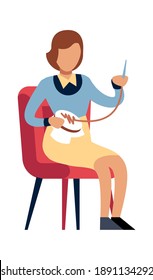 Woman doing needlework at home. Female character sitting on chair with thread and needle, girl embroiders, homemade clothes and decor, leisure time and hobby flat vector cartoon isolated illustration