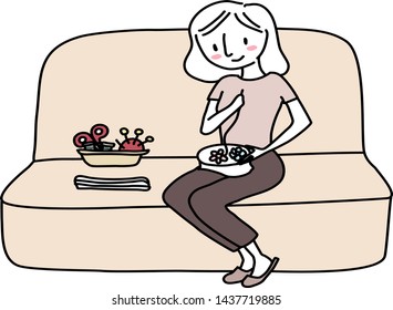 Woman doing needlework at home. Woman sitting on couch with sewing basket, plain clothes and making embroidery. Cute woman enjoying doing needlework at home. Woman making embroidery. Hand-drawn vector