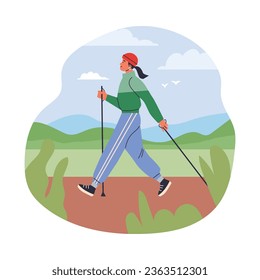 Mujer haciendo caminata nórdica, paisaje natural, ilustración plana vectorial aislada en fondo blanco. Jóvenes haciendo ejercicio con bastones para caminar. Vida saludable y deporte.