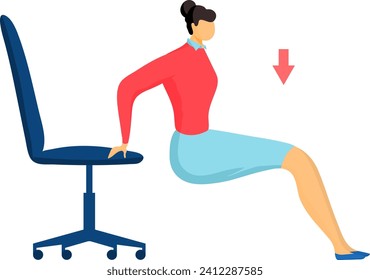 Woman doing office chair workout, leg dips exercise. Female in casual wear practicing indoor fitness. Office exercise routine, healthy lifestyle at work vector illustration.