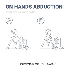 Woman Doing On Hands Hips Abductions Home Workout Exercise With Resistance Band Illustration. Female Working At Her Legs A Girl In Sportswear Does The Knees To The Sides Movement While Sitting.