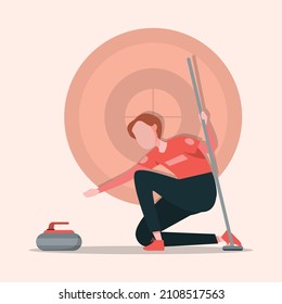 Woman doing on starting position ready to play at the stadium. Curling sports. Vector . Vector illustration flat.