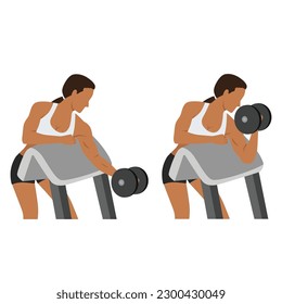 Woman doing one arm dumbbell preacher curl. Flat vector illustration isolated on different layer. Workout character