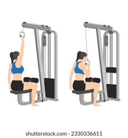 Woman doing one arm lat pull down. Pull downs. pullover exercise. Flat vector illustration isolated on white background