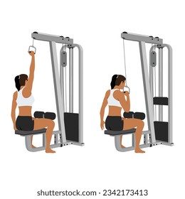 Woman doing one arm lat pull down. Pull downs. pullover exercise. Flat vector illustration isolated on white background