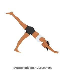 Woman doing One legged downward dog aka Pada ado mukha svanasana exercise. Flat vector illustration isolated on white background