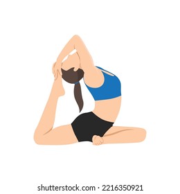 Woman doing One Legged King Pigeon Pose Iii. Practice Eka Pada Rajakapotasana Iii. Flat vector illustration isolated on white background