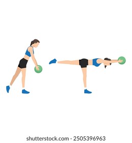 Woman doing One Legged Reach medicine ball. Flat vector illustration isolated on white background