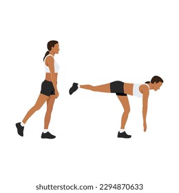 Woman doing one legged or single leg deadlift exercise. Flat vector illustration isolated on white background