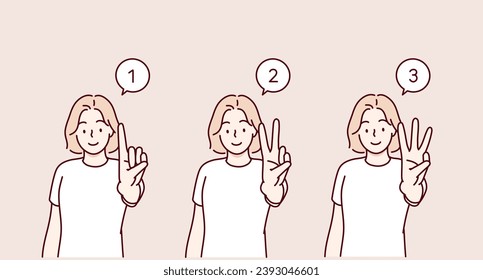 A woman doing one-finger, two-finger, and three-finger poses. Hand drawn style vector design illustrations.