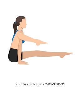 Woman doing One-Legged Insect Pose, Elephant Trunk Leg Over Shoulder Pose or Eka Pada Bhujapidasana. Flat vector illustration isolated on white background