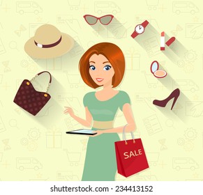 Woman Doing Online Shopping Bag With Summer Hat And Glasses, And Accessories Using Tablet Pc And Wearing Red Hair And Fashion Dress. Illustration On Seamless Ecommerce Background