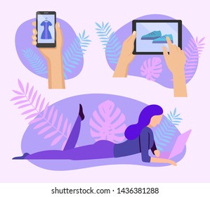 Woman doing online shopping at home with laptop. Human hands and online store on mobile gadget screen. Retail promotion and advertisement banner in flat style. Internet business vector illustration.