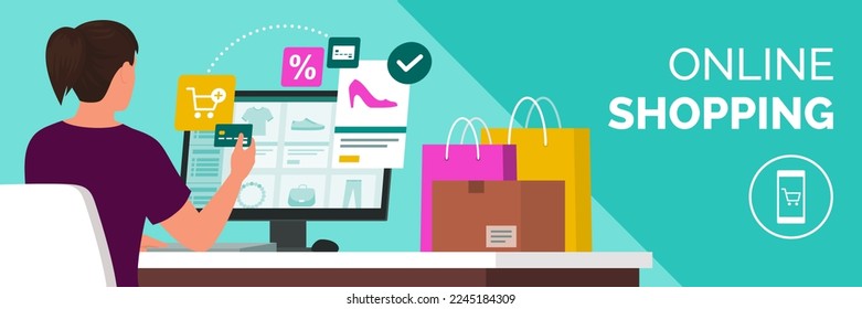 Woman doing online shopping, she is purchasing products and paying with a credit card