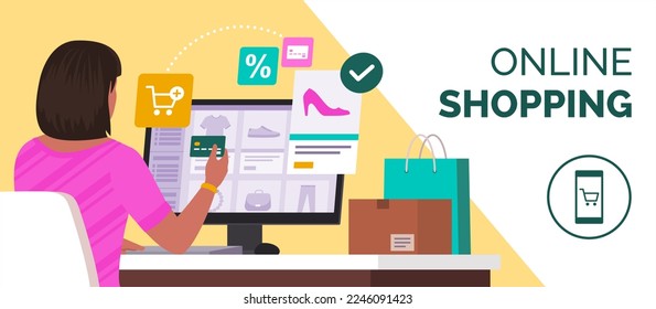 Woman doing online shopping, she is purchasing products and paying with a credit card