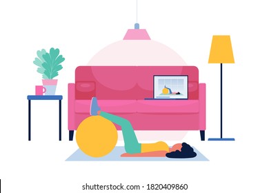 Woman doing online workout. Vector illustration in a flat style