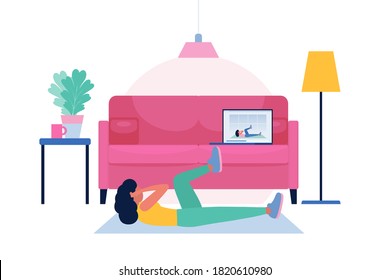 Woman doing online workout. Vector illustration in a flat style
