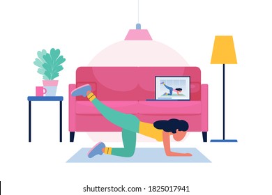 Woman doing online workout. Vector illustration in a flat style