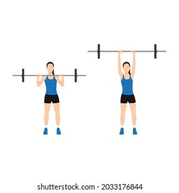 Woman doing Overhead barbell shoulder press exercise. Flat vector illustration isolated on white background