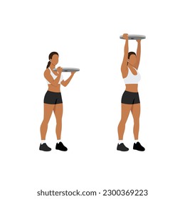 Woman doing Overhead plate presses exercise. Flat vector illustration isolated on white background