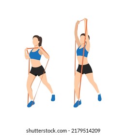 Woman doing overhead press with resistance band exercise. Flat vector illustration isolated on white background