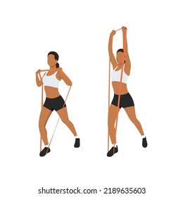 Woman doing overhead press with resistance band exercise. Flat vector illustration isolated on white background