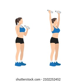 Woman doing Overhead shoulder press with water bottle exercise. Flat vector illustration isolated on white background