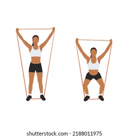 Woman doing Overhead squat with long resistance band exercise. Flat vector illustration isolated on white background