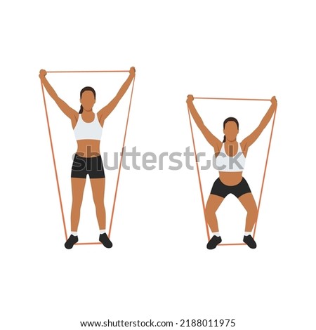 Woman doing Overhead squat with long resistance band exercise. Flat vector illustration isolated on white background