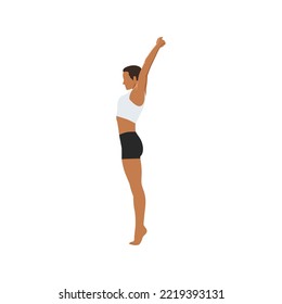 Woman Doing Palm Tree Pose On Tiptoes. Practice Urdhva Hastasana On Tiptoes. Flat Vector Illustration Isolated On White Background