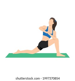 Woman doing Parivrtta Anjaneyasana. Revolved lunge pose. High lunge twist exercise. Flat vector illustration isolated on white background 
