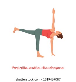 Woman doing Parivrtta Ardha Chandrasana. Revolved Half Moon Pose. Flat vector illustration isolated on white background