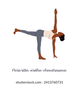 Woman doing Parivrtta Ardha Chandrasana. Revolved Half Moon Pose. Flat vector illustration isolated on white background
