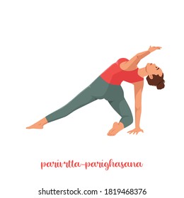 Woman doing Parivrtta Parighasana or Revolving Beam Yoga Pose. Flat vector illustration isolated on white background