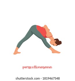 Woman doing Parsvottanasana or Intense Side Stretch Pose. Yoga Fitness Concept. Flat vector illustration isolated on white background