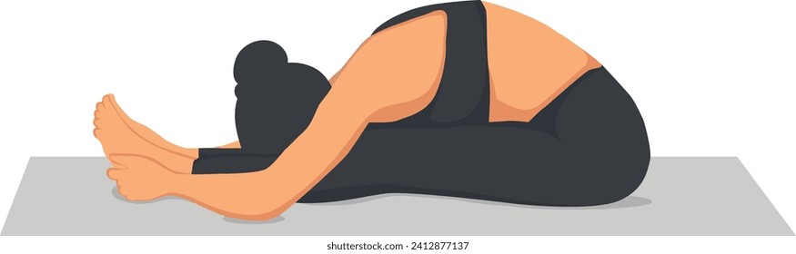 Mujer haciendo paschimottanasana sentada en ejercicio de doblado delantero.  Joven atractiva practicando yoga. trabajando, ropa deportiva negra.