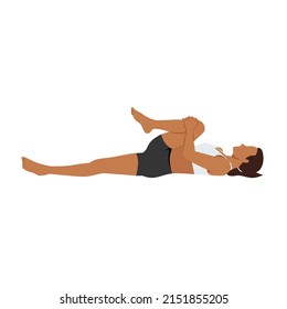 Woman doing pawanmuktasana or Half wind release pose exercise. Flat vector illustration isolated on white background