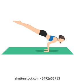 Woman doing Peacock Pose or practice Mayurasana yoga exercise. Flat vector illustration isolated on white background