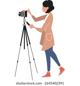woman doing photography by camera on tripod vector hobby icon isolated on white