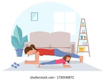 Woman doing physical exercises with her daughter at home in cozy interior. Sport with children. Vector illustration in flat style