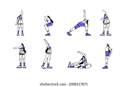 Woman doing physical exercises. Set of different workout postures for morning work-out. Female training and stretching her body. Flat vector illustration of fitness poses isolated on white background.