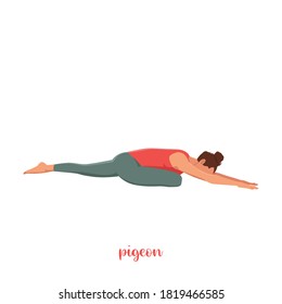 Woman doing Pigeon Pose or Eka Pada Rajakapotasana Yoga pose. Flat vector illustration isolated on white background